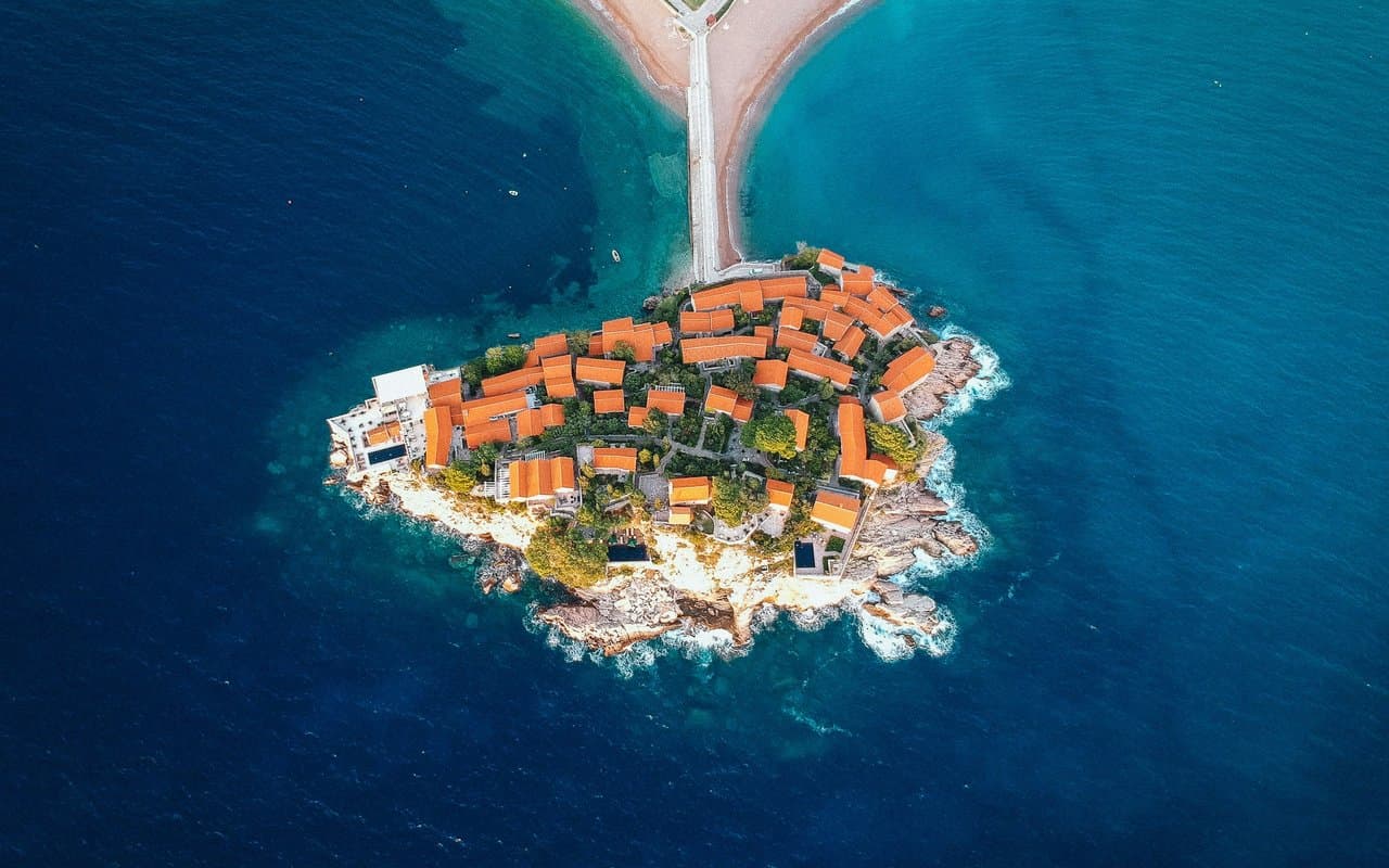 Aerial view of Sveti Stefan islet on the Budva Riviera
