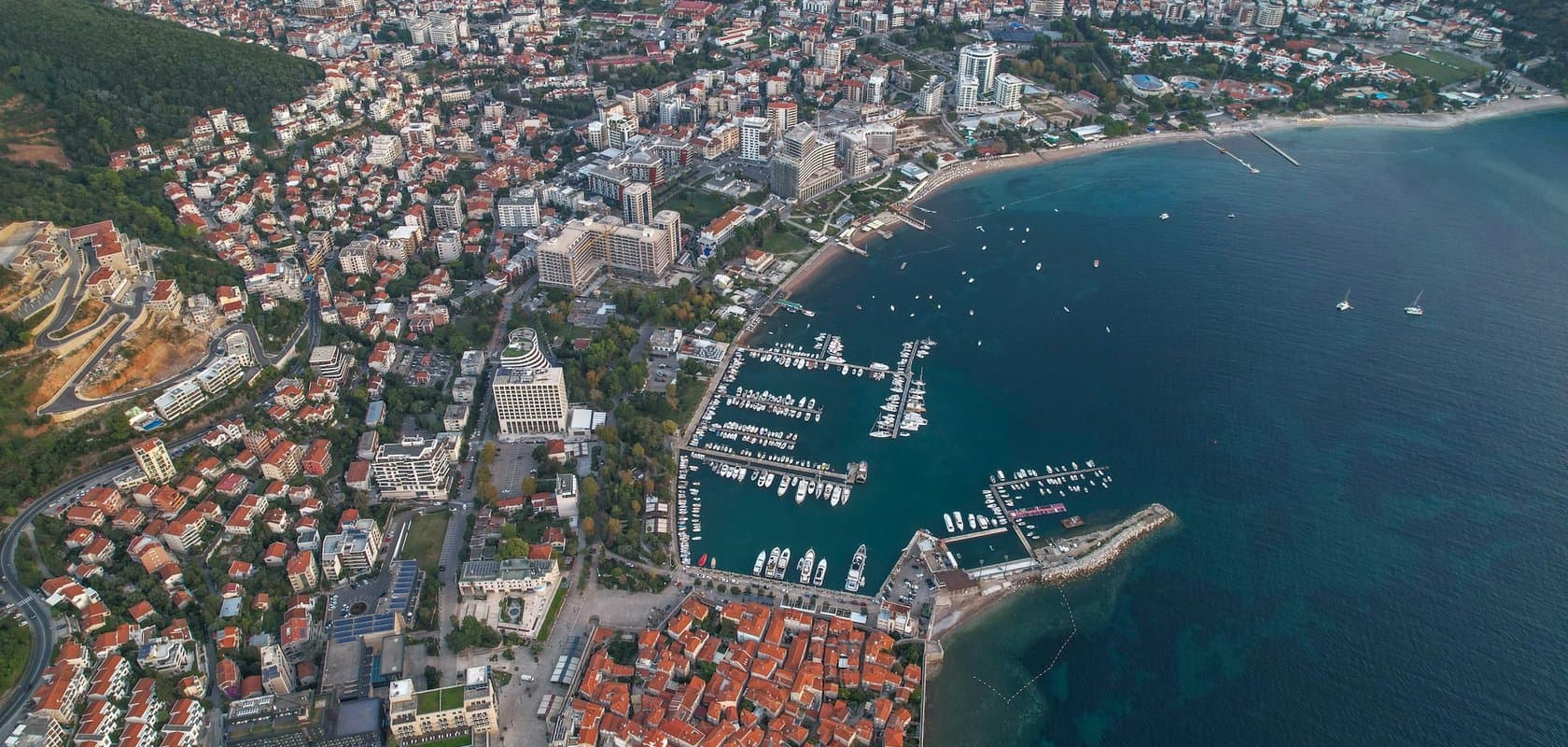 Budva, the old town and marina from the air