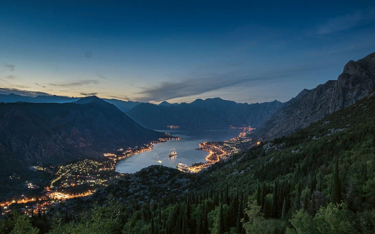 The bay of Kotor at dusk, seen from the Lovcen road