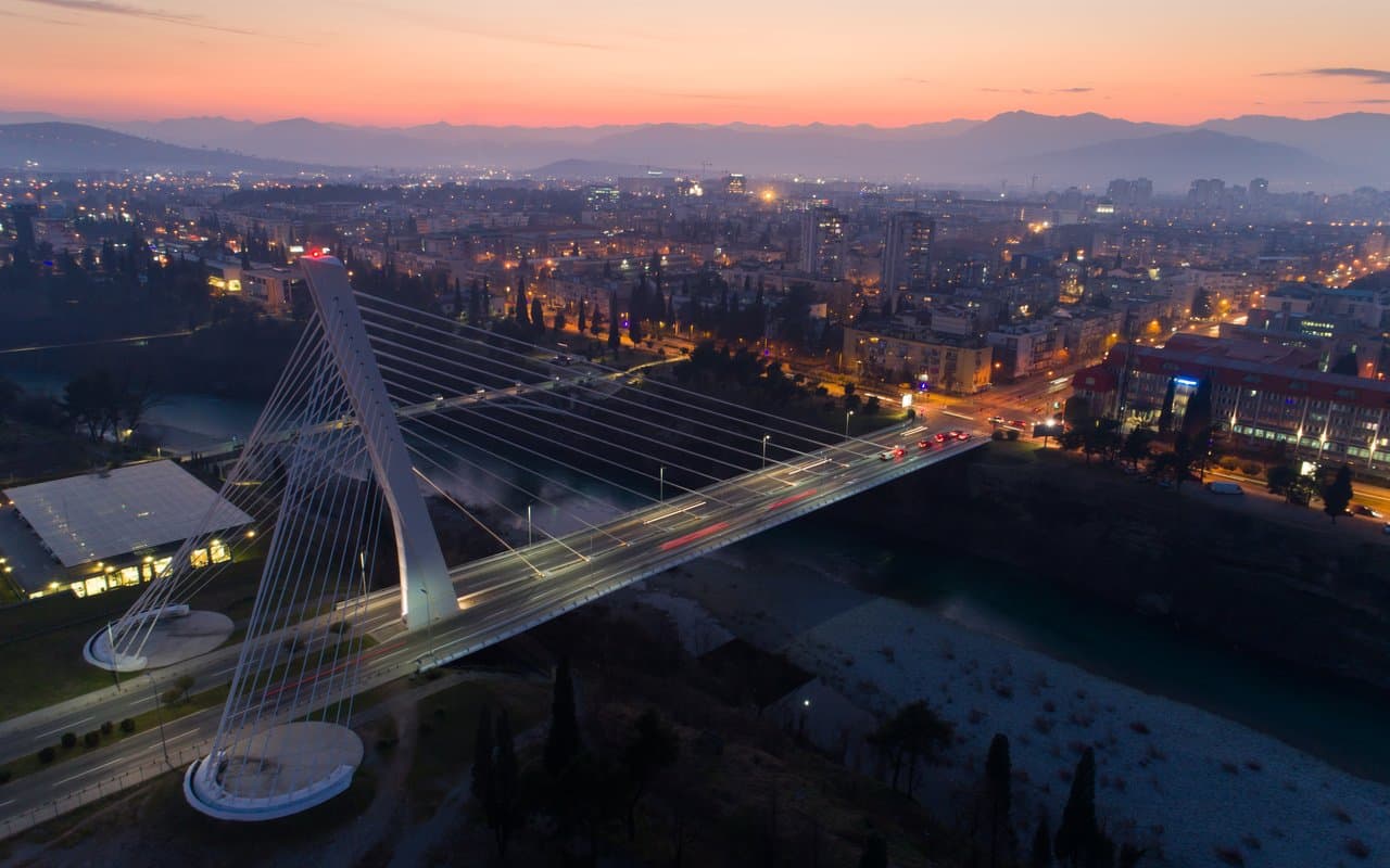 The Millennium Bridge over the Moraca at dusk, Podgorica