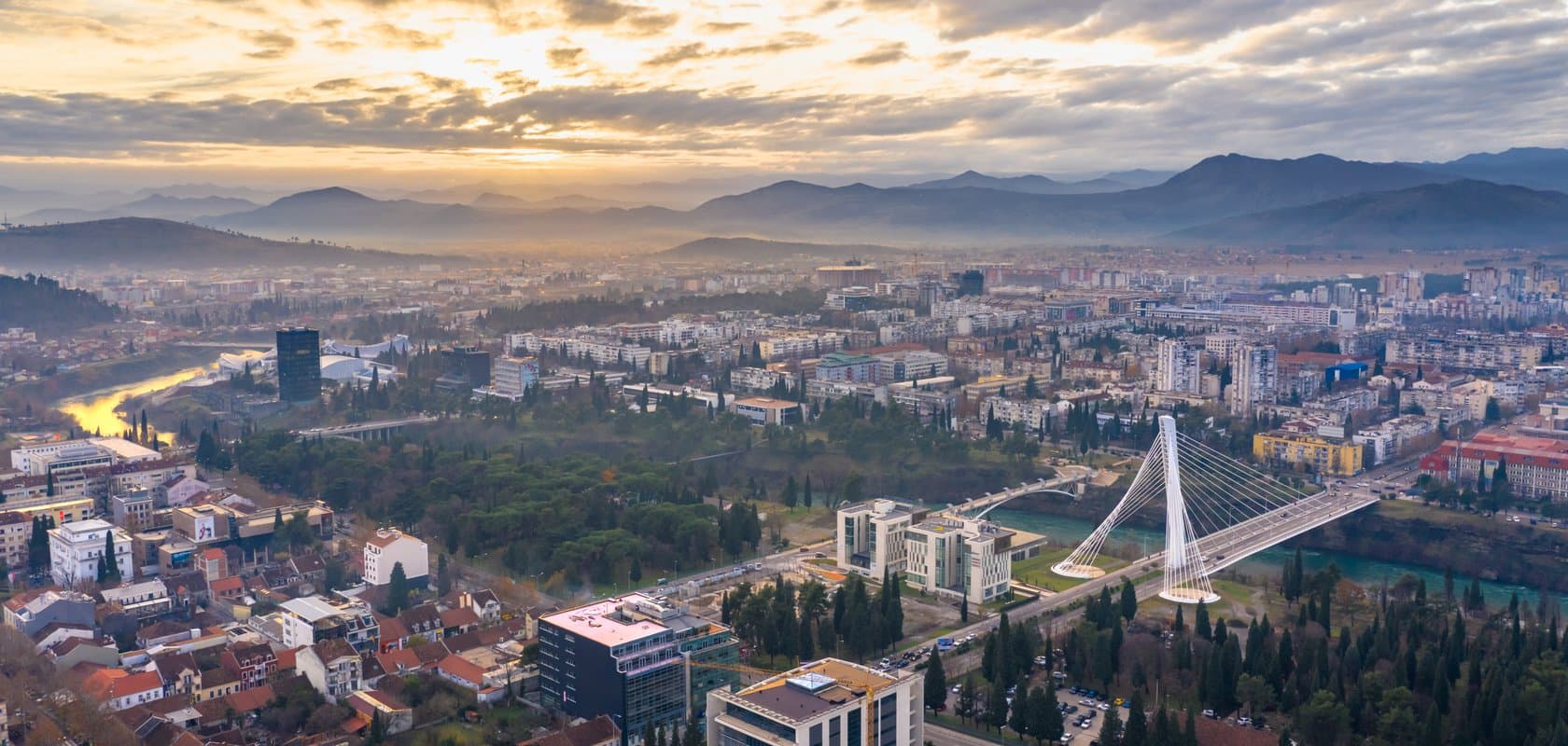 Podgorica at first light, the mountains beyond